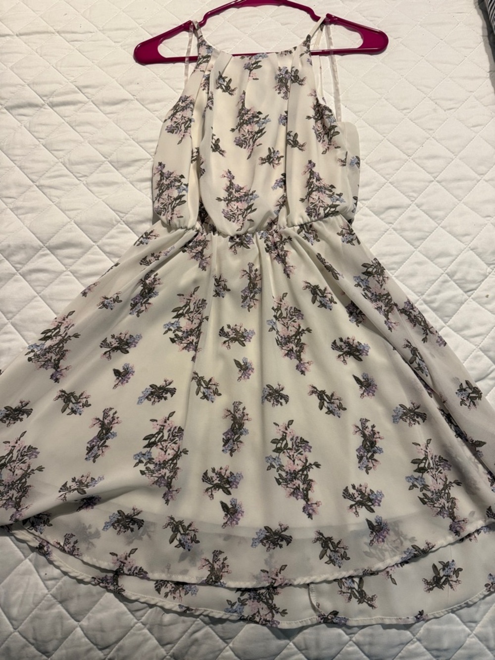 Blue Rain Cream High-Low Halter Dress with Pink & Purple Floral Print